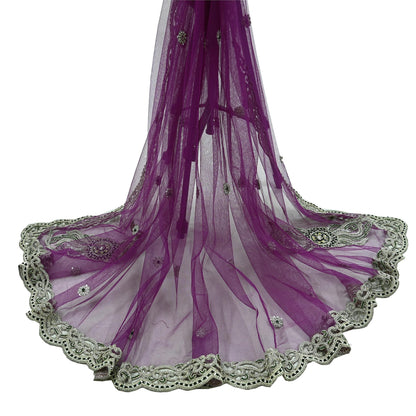 Indian Vintage Heavy Bridal Purple Dupatta Net Mesh Long Stole Hand Embroidered Scarves Zardozi Dabka Zari Wedding dupatta veil hijab