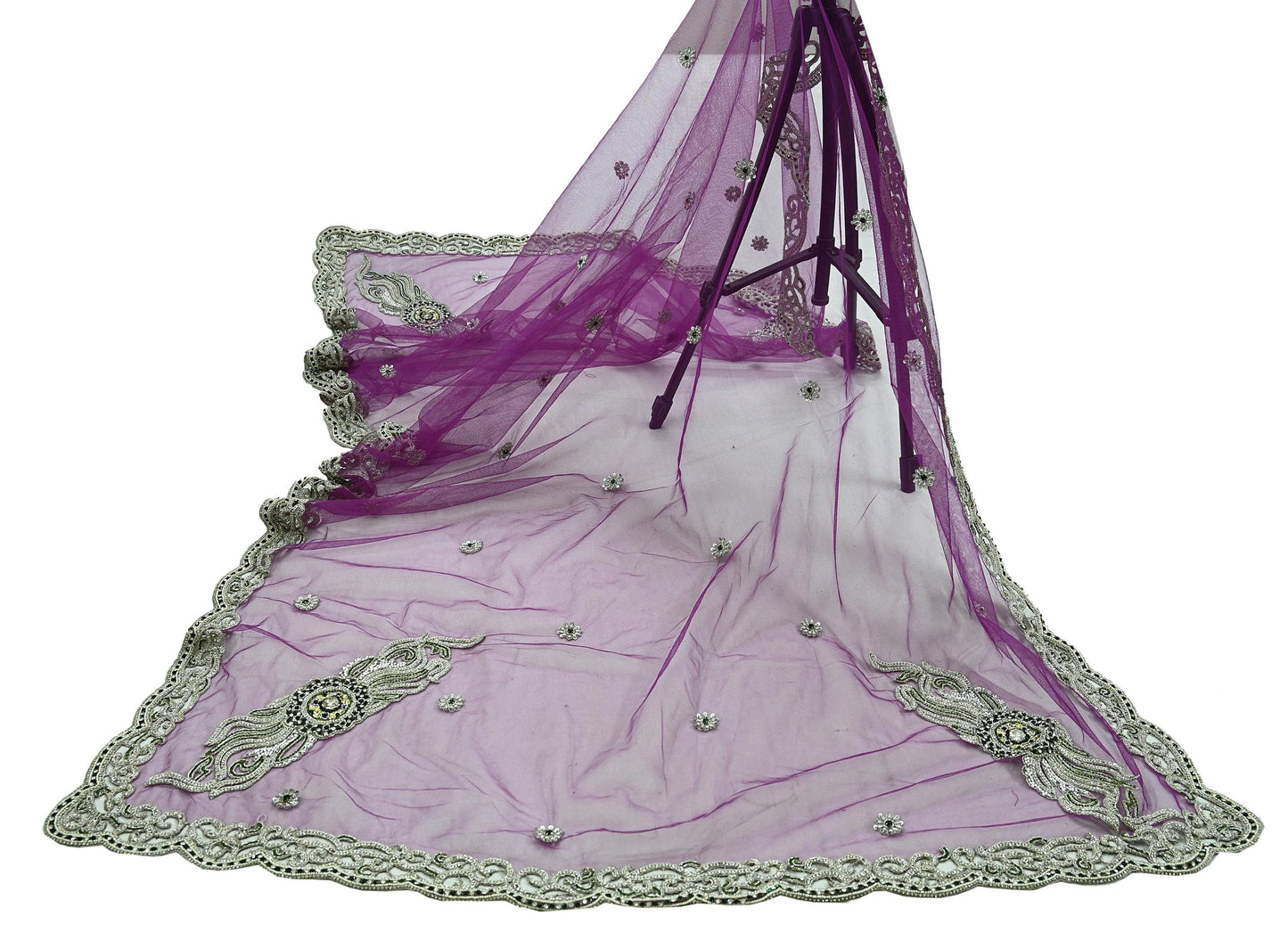 Indian Vintage Heavy Bridal Purple Dupatta Net Mesh Long Stole Hand Embroidered Scarves Zardozi Dabka Zari Wedding dupatta veil hijab