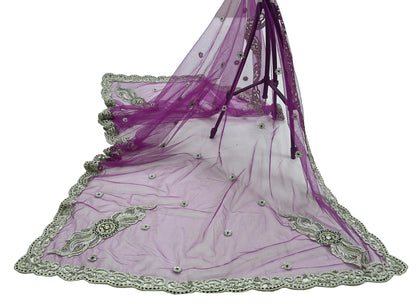 Indian Vintage Heavy Bridal Purple Dupatta Net Mesh Long Stole Hand Embroidered Scarves Zardozi Dabka Zari Wedding dupatta veil hijab