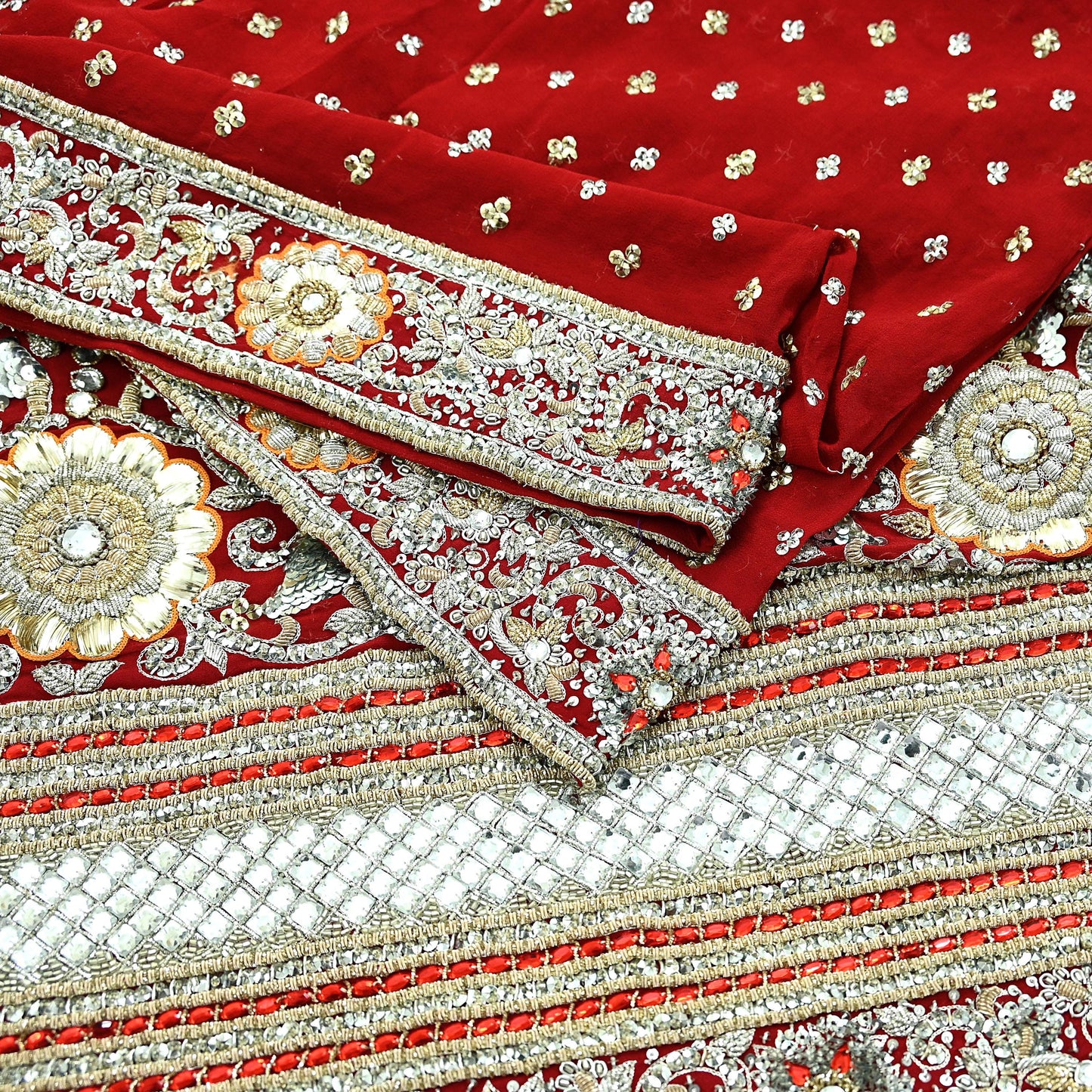 Indian Vintage Heavy Bridal Dupatta Red Pure Georgette Silk Long Stole Hand Embroidered Scarf Zardozi/Dabka Zari Wedding/Party Dupatta