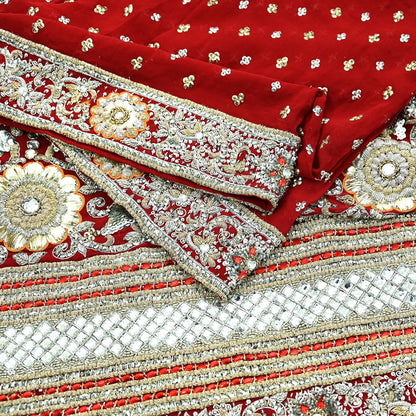 Indian Vintage Heavy Bridal Dupatta Red Pure Georgette Silk Long Stole Hand Embroidered Scarf Zardozi/Dabka Zari Wedding/Party Dupatta