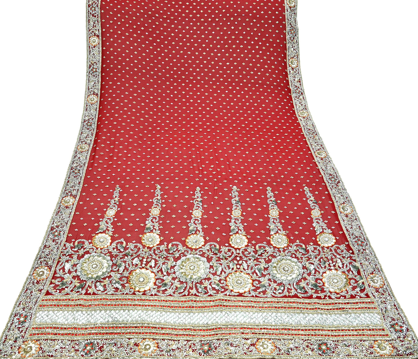 Indian Vintage Heavy Bridal Dupatta Red Pure Georgette Silk Long Stole Hand Embroidered Scarf Zardozi/Dabka Zari Wedding/Party Dupatta