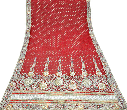 Indian Vintage Heavy Bridal Dupatta Red Pure Georgette Silk Long Stole Hand Embroidered Scarf Zardozi/Dabka Zari Wedding/Party Dupatta
