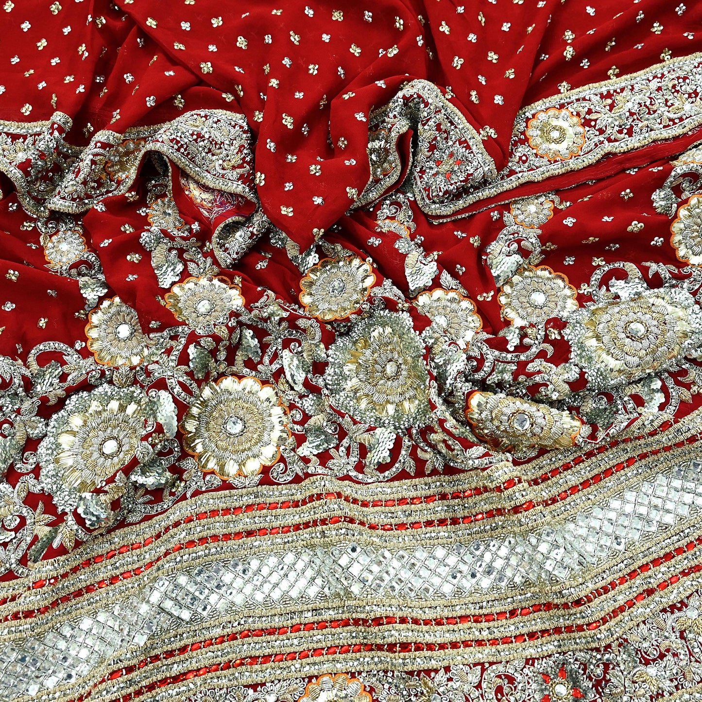 Indian Vintage Heavy Bridal Dupatta Red Pure Georgette Silk Long Stole Hand Embroidered Scarf Zardozi/Dabka Zari Wedding/Party Dupatta