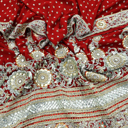 Indian Vintage Heavy Bridal Dupatta Red Pure Georgette Silk Long Stole Hand Embroidered Scarf Zardozi/Dabka Zari Wedding/Party Dupatta