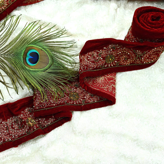 Indian Vintage Red Sari Border Hand Embroidered Craft Trim Lace Sewing Sari Ribbon Velvet 1yd Dress making Dress Designing Decor Dabka