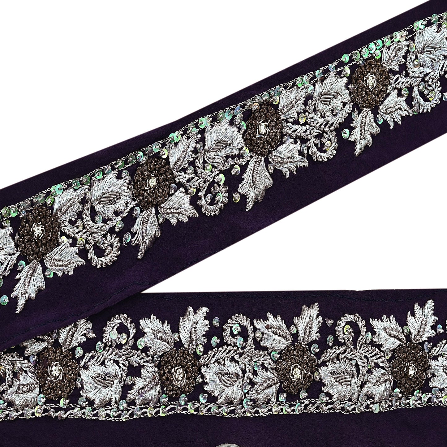 Indian Vintage Purple Sari Border Hand Embroidered 1ydCraft Trim Lace Sewing Sari Ribbon Pure Crepe silk  Zardozi/Dabka Zari