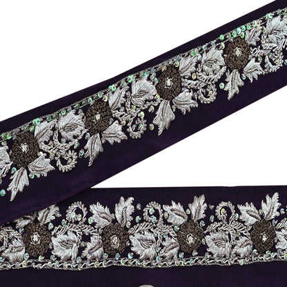 Indian Vintage Purple Sari Border Hand Embroidered 1ydCraft Trim Lace Sewing Sari Ribbon Pure Crepe silk  Zardozi/Dabka Zari