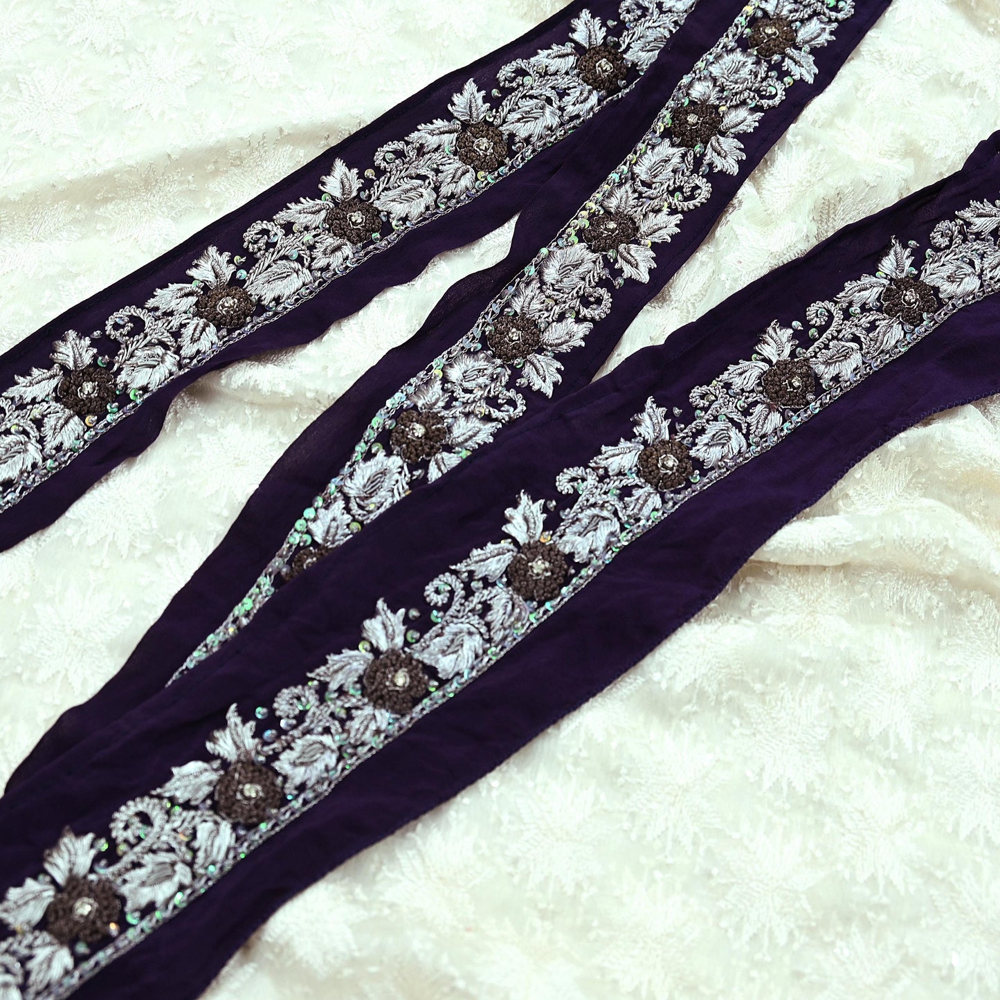 Indian Vintage Purple Sari Border Hand Embroidered 1ydCraft Trim Lace Sewing Sari Ribbon Pure Crepe silk  Zardozi/Dabka Zari