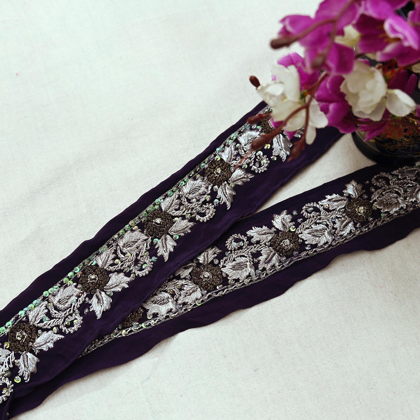 Indian Vintage Purple Sari Border Hand Embroidered 1ydCraft Trim Lace Sewing Sari Ribbon Pure Crepe silk  Zardozi/Dabka Zari