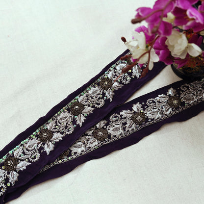 Indian Vintage Purple Sari Border Hand Embroidered 1ydCraft Trim Lace Sewing Sari Ribbon Pure Crepe silk  Zardozi/Dabka Zari