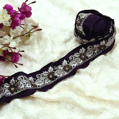 Indian Vintage Purple Sari Border Hand Embroidered 1ydCraft Trim Lace Sewing Sari Ribbon Pure Crepe silk  Zardozi/Dabka Zari