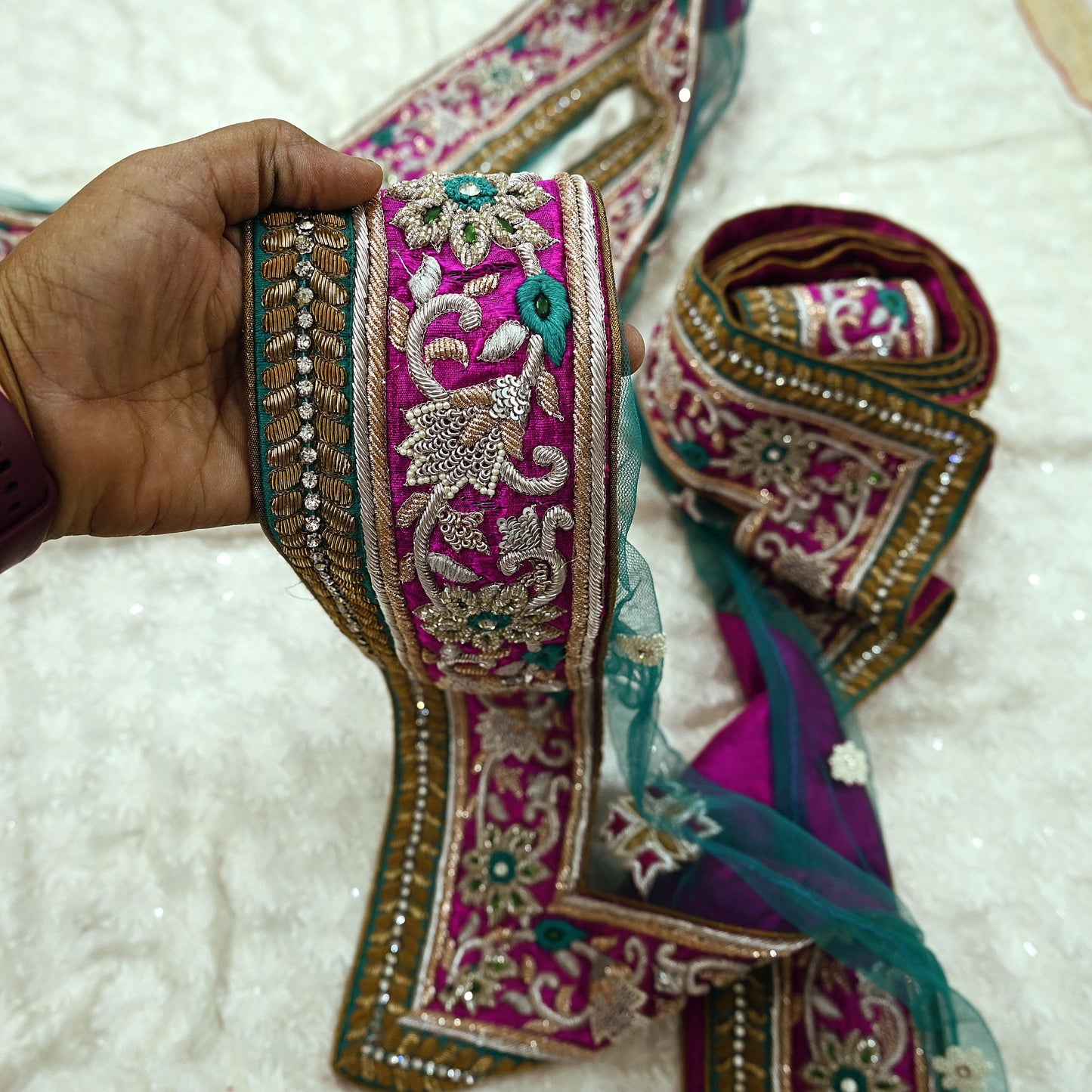 Indian Vintage Magenta Sari Border Hand Embroidered 1yd Craft Trim Lace Sewing Net/Mess Ribbon Recycled Sari Border Zardozi/ Dabka Zari