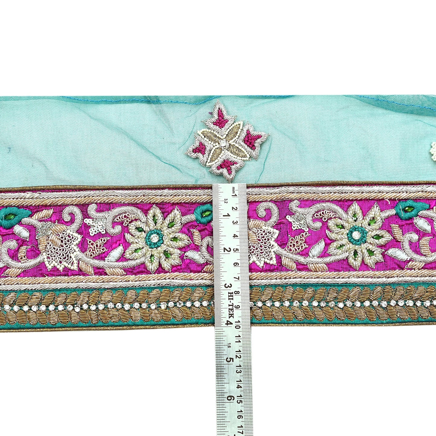 Indian Vintage Magenta Sari Border Hand Embroidered 1yd Craft Trim Lace Sewing Net/Mess Ribbon Recycled Sari Border Zardozi/ Dabka Zari