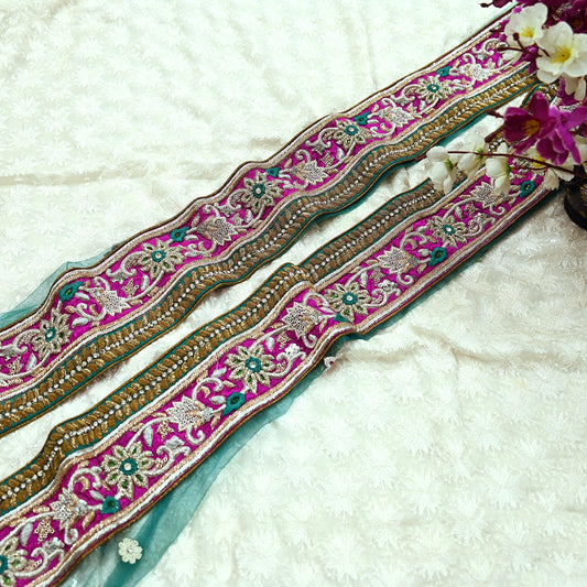 Indian Vintage Magenta Sari Border Hand Embroidered 1yd Craft Trim Lace Sewing Net/Mess Ribbon Recycled Sari Border Zardozi/ Dabka Zari