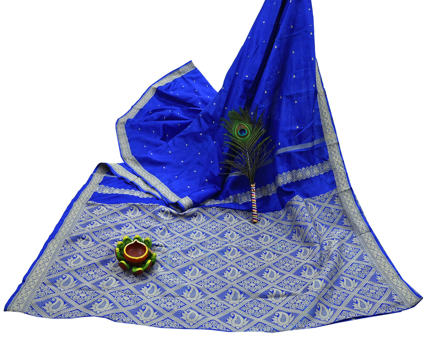 Indian Vintage Sari Royal Blue 100% Pure Silk Hand Woven Baluchari Sarees Craft Fabric 5yd Sewing Dress Designing Crafting Quilting Upcycle