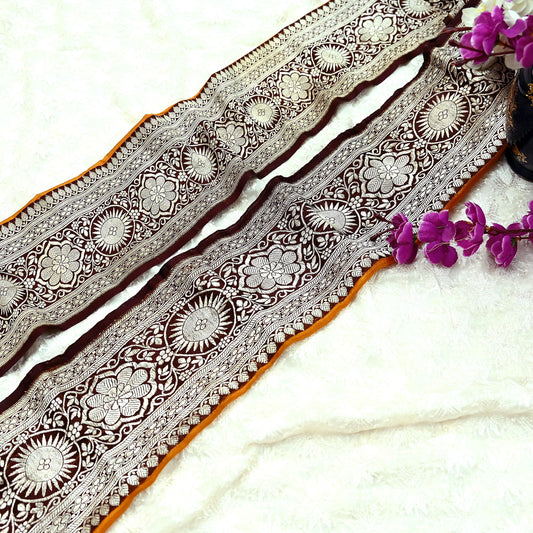 Indian Vintage Brown Sari Border Woven Banarasi Trim Craft 1yd Sewing Recycled Trim Golden Zari Pure Silk Home Decor Crafting