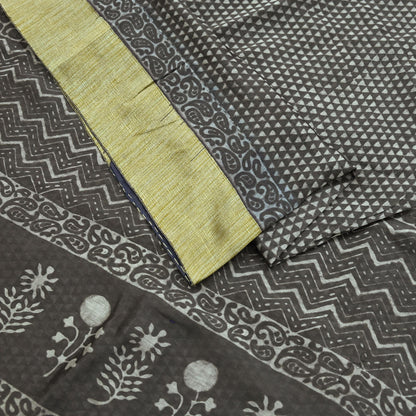 Indian Vintage Sari Brown Pure chanderi Silk Bagru Printed Sarees Craft Fabric 5Yd Floral Soft Zari Border Ethnic Dress making