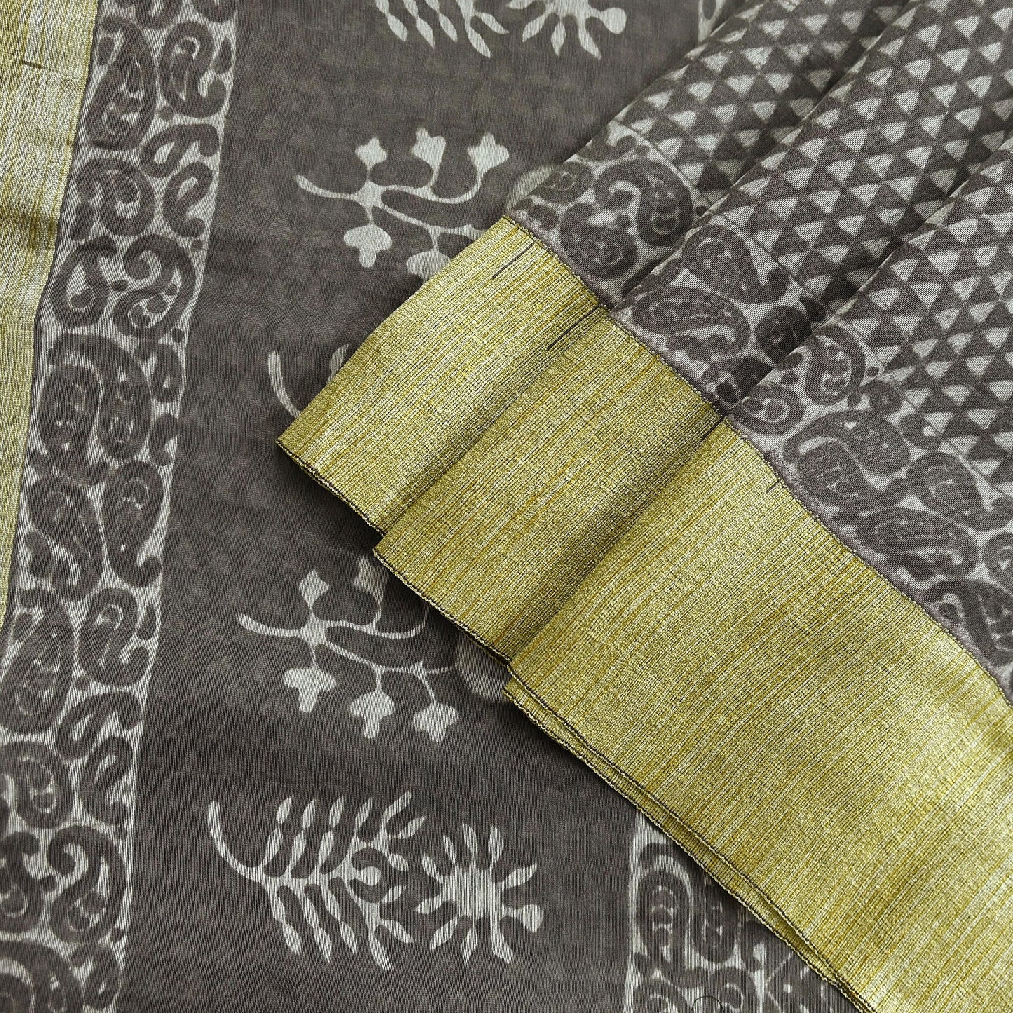 Indian Vintage Sari Brown Pure chanderi Silk Bagru Printed Sarees Craft Fabric 5Yd Floral Soft Zari Border Ethnic Dress making