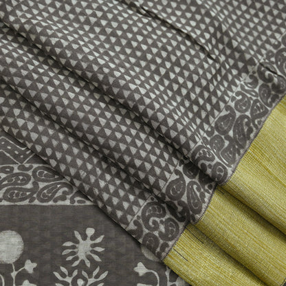 Indian Vintage Sari Brown Pure chanderi Silk Bagru Printed Sarees Craft Fabric 5Yd Floral Soft Zari Border Ethnic Dress making