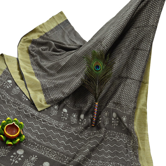 Indian Vintage Sari Brown Pure chanderi Silk Bagru Printed Sarees Craft Fabric 5Yd Floral Soft Zari Border Ethnic Dress making