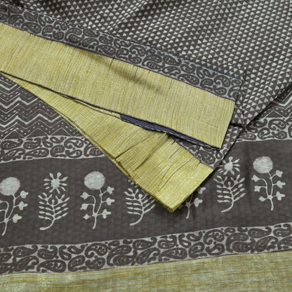 Indian Vintage Sari Brown Pure chanderi Silk Bagru Printed Sarees Craft Fabric 5Yd Floral Soft Zari Border Ethnic Dress making