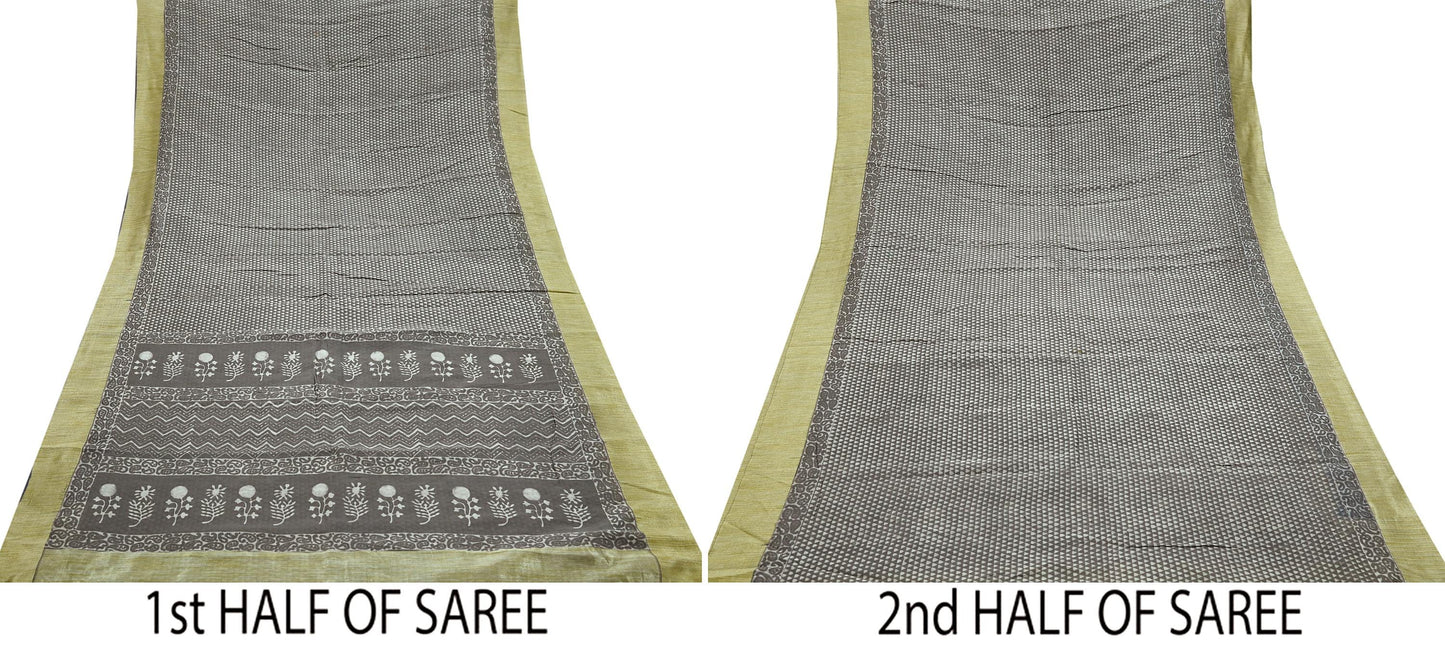 Indian Vintage Sari Brown Pure chanderi Silk Bagru Printed Sarees Craft Fabric 5Yd Floral Soft Zari Border Ethnic Dress making