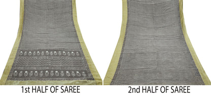 Indian Vintage Sari Brown Pure chanderi Silk Bagru Printed Sarees Craft Fabric 5Yd Floral Soft Zari Border Ethnic Dress making