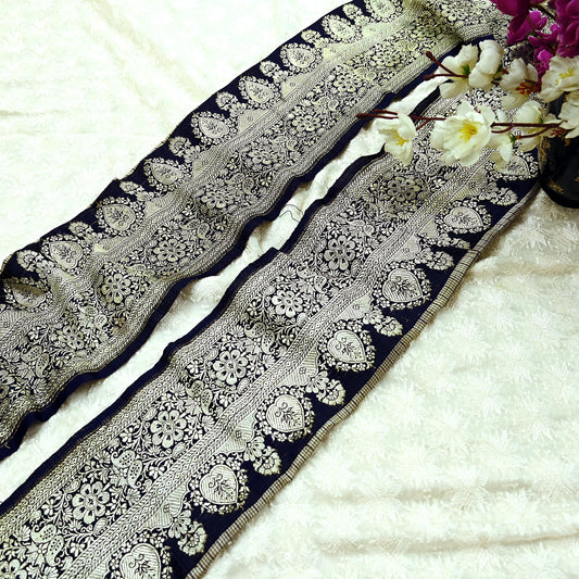 Indian Vintage Blue Sari Border Woven Banarasi 1yd Trim Craft Sewing Recycled Sari Border Golden Zari Pure Silk Home Decor Crafting