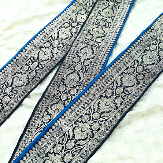 Indian Vintage Black Sari Border Woven Banarasi Trim Craft 1yd Sewing Recycled Trim Silver Zari Pure Satin Silk Home Decor Crafting