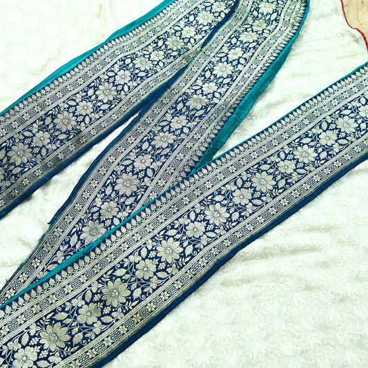 Indian Vintage Blue Sari Border Woven Banarasi 1yd Trim Craft Sewing Recycled Sari Border Silver Zari Pure Silk Home Decor Crafting