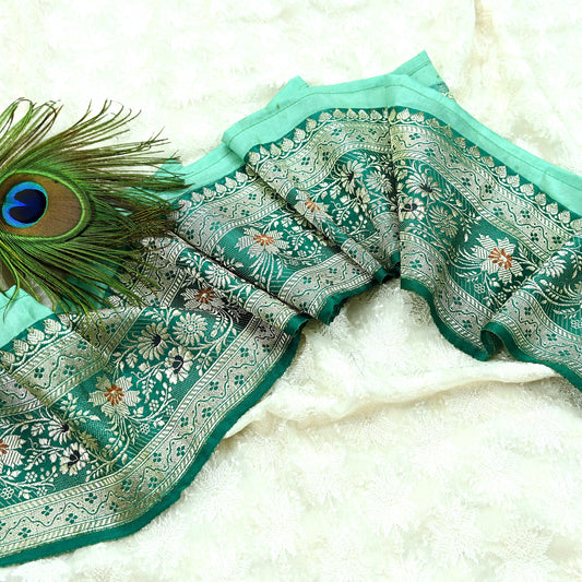 Indian Vintage Green Sari Border Woven Banarasi 1yd Trim Craft Sewing Recycled Sari Border Silver Zari Pure Silk Decor Crafting