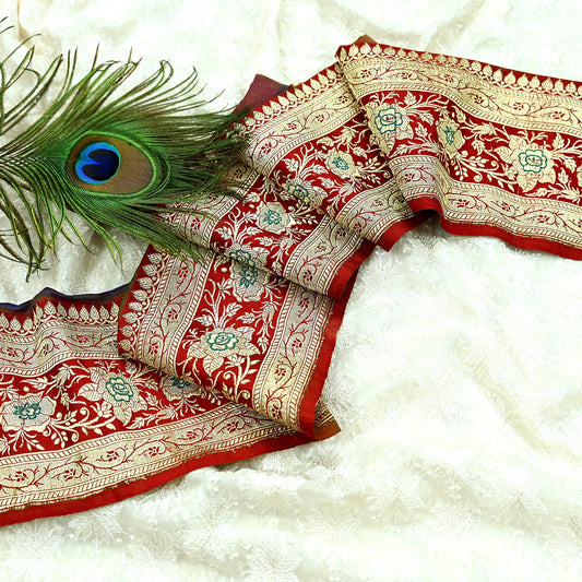 Indian Vintage Red Sari Border Woven Banarasi 1yd Trim Craft Sewing Recycled Sari Border Zari Pure Silk Home Decor Crafting