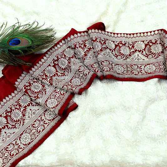 Indian Vintage Maroon Sari Border Woven Banarasi 1yd Trim Craft Sewing Recycled Sari Border Zari Pure Silk Home Decor Crafting