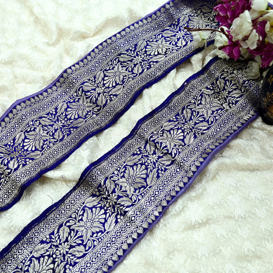Indian Vintage Purple Sari Border Woven Banarasi 1yd Trim Craft Sewing Recycled Sari Border Silver Zari Pure Silk Home Decor Crafting