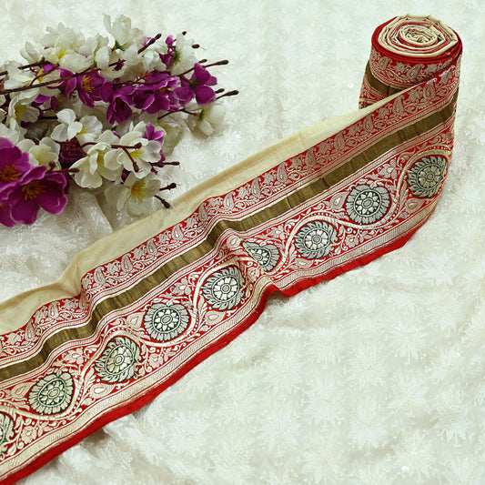 Indian Vintage Red Sari Border Woven Banarasi 1yd Trim Craft Sewing Recycled Sari Border Zari Pure Silk Home Decor Crafting