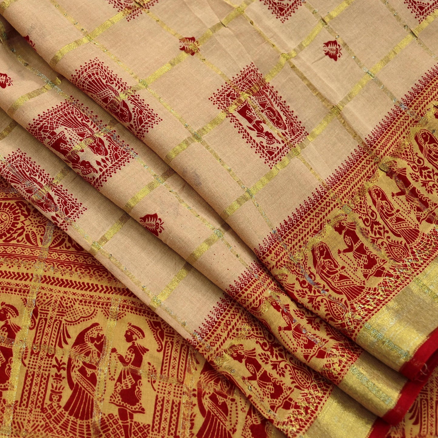 Indian Vintage Red & Beige Saree Printed 100% Pure Cotton Sari Craft Fabric 5Yd Soft Sewing Sarong Wrap Dress Making Quilting Crafting Zari