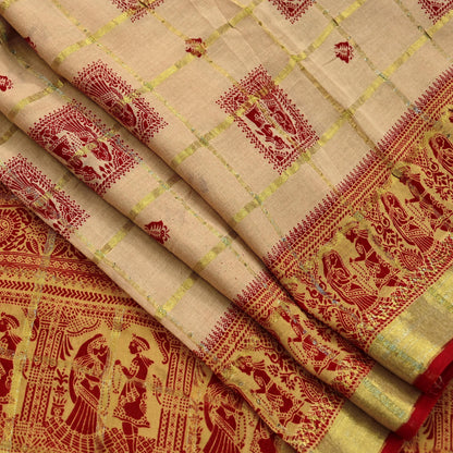 Indian Vintage Red & Beige Saree Printed 100% Pure Cotton Sari Craft Fabric 5Yd Soft Sewing Sarong Wrap Dress Making Quilting Crafting Zari