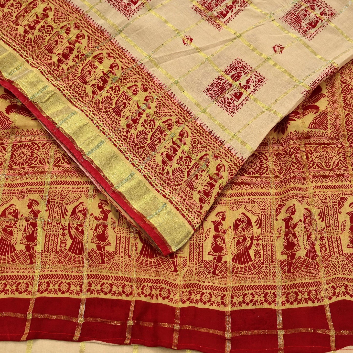 Indian Vintage Red & Beige Saree Printed 100% Pure Cotton Sari Craft Fabric 5Yd Soft Sewing Sarong Wrap Dress Making Quilting Crafting Zari