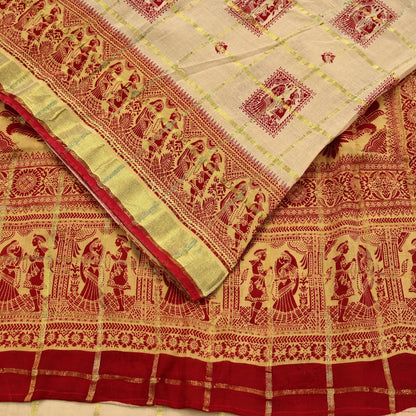 Indian Vintage Red & Beige Saree Printed 100% Pure Cotton Sari Craft Fabric 5Yd Soft Sewing Sarong Wrap Dress Making Quilting Crafting Zari