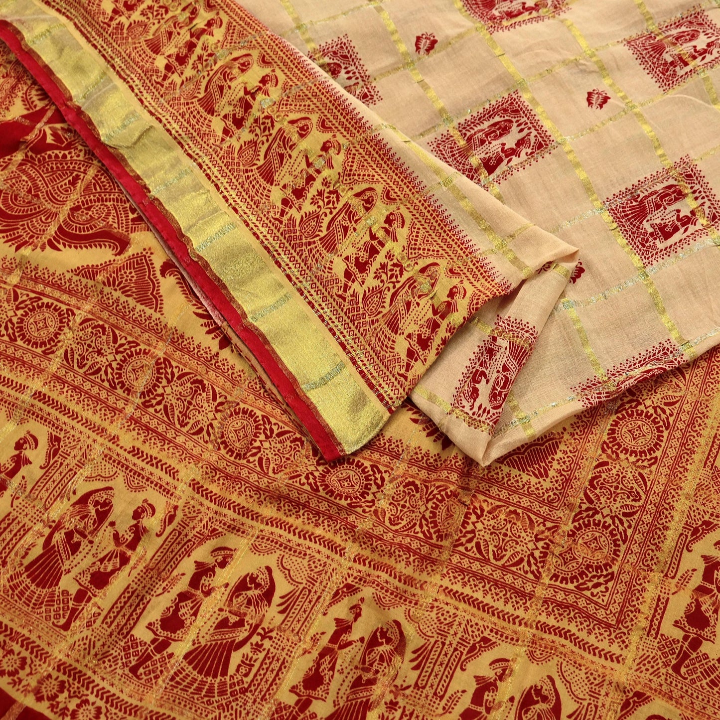 Indian Vintage Red & Beige Saree Printed 100% Pure Cotton Sari Craft Fabric 5Yd Soft Sewing Sarong Wrap Dress Making Quilting Crafting Zari