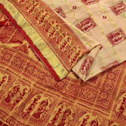 Indian Vintage Red & Beige Saree Printed 100% Pure Cotton Sari Craft Fabric 5Yd Soft Sewing Sarong Wrap Dress Making Quilting Crafting Zari