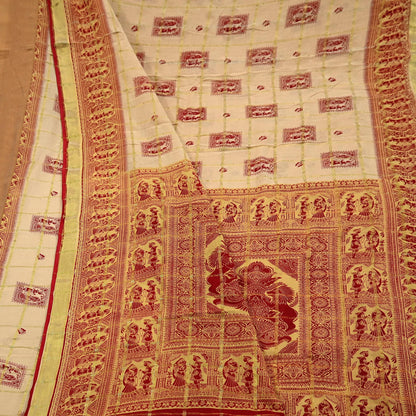 Indian Vintage Red & Beige Saree Printed 100% Pure Cotton Sari Craft Fabric 5Yd Soft Sewing Sarong Wrap Dress Making Quilting Crafting Zari