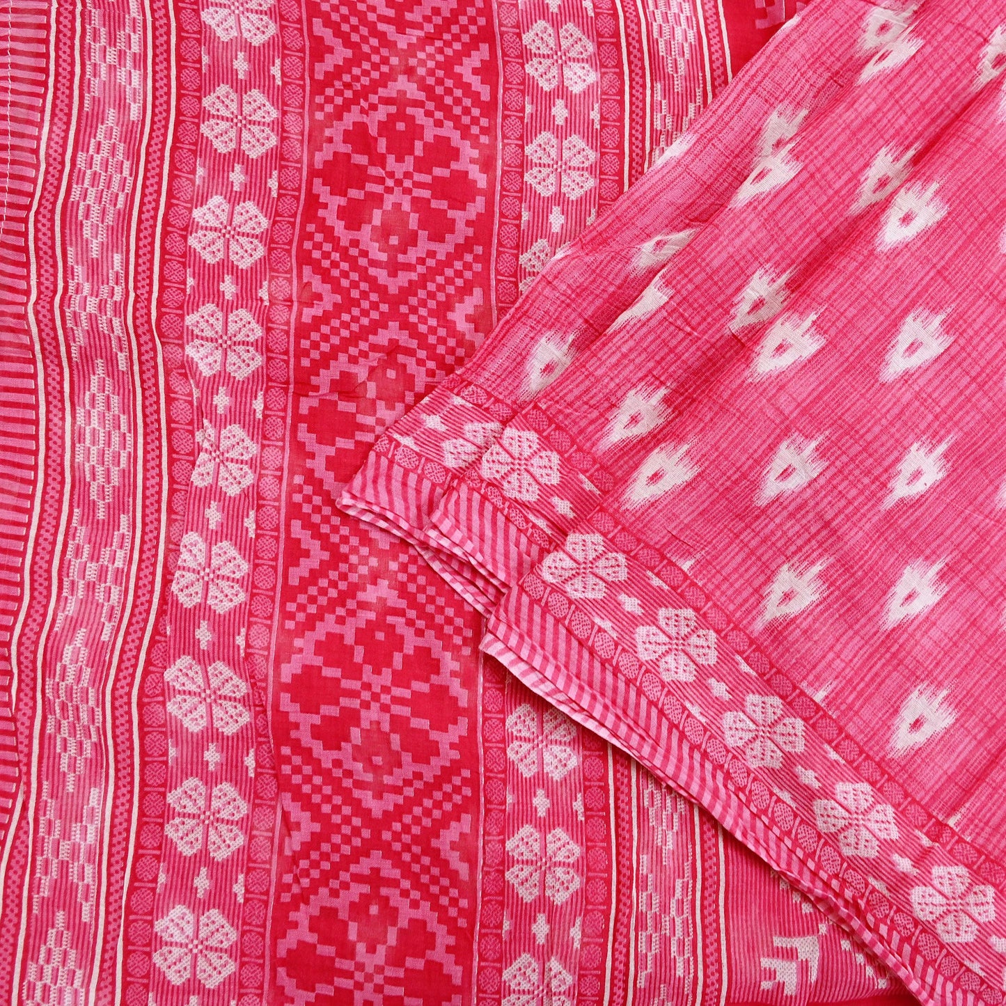 Indian Vintage Sari White & Pink Printed Pure Cotton Saree Craft Fabric 5Yd Soft Sewing Sarong Wrap Boho Floral Dress making Crafting