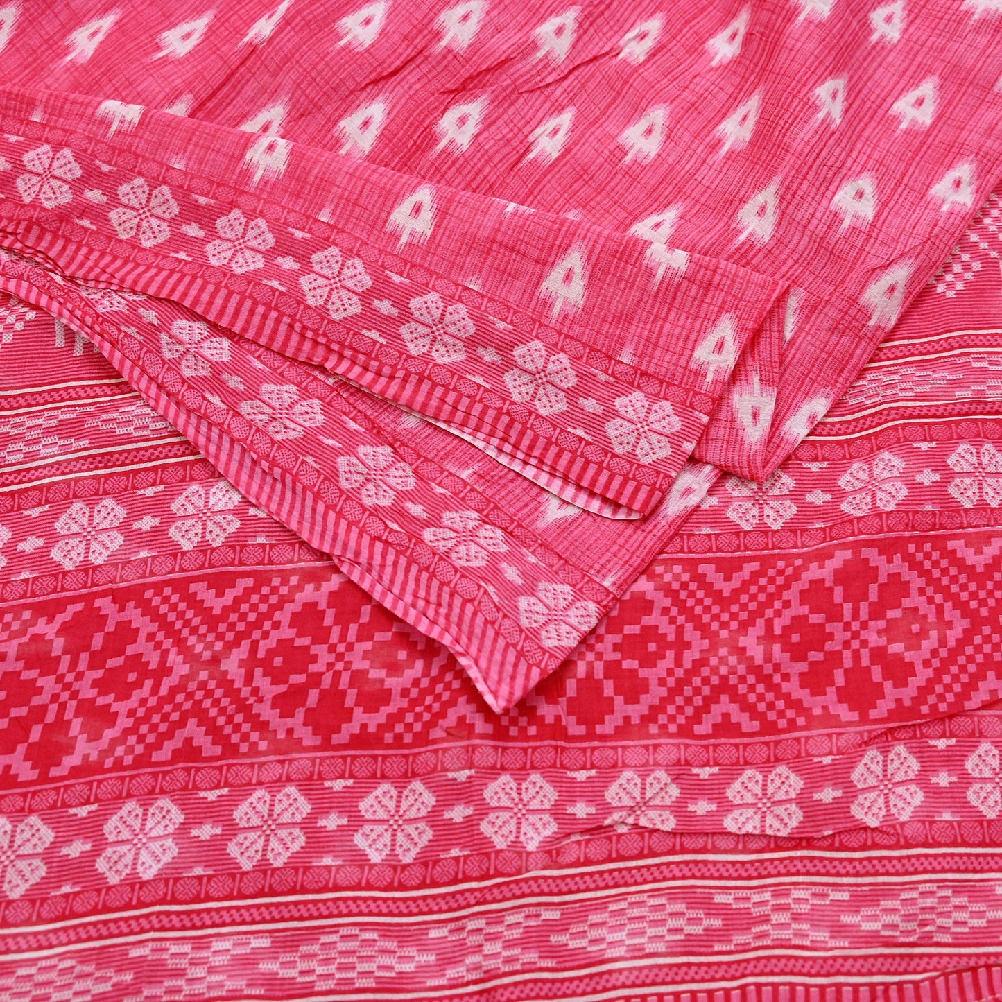 Indian Vintage Sari White & Pink Printed Pure Cotton Saree Craft Fabric 5Yd Soft Sewing Sarong Wrap Boho Floral Dress making Crafting
