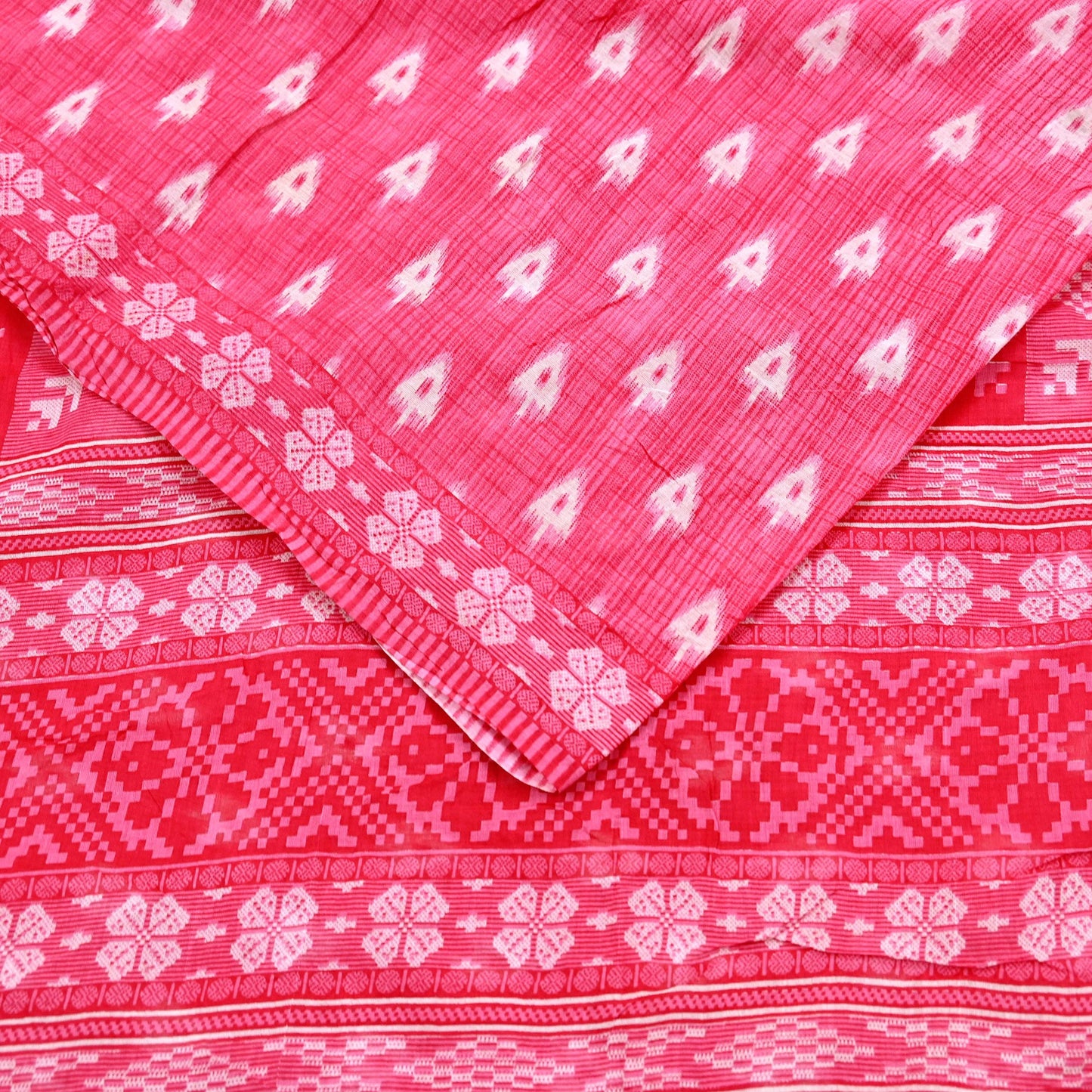 Indian Vintage Sari White & Pink Printed Pure Cotton Saree Craft Fabric 5Yd Soft Sewing Sarong Wrap Boho Floral Dress making Crafting