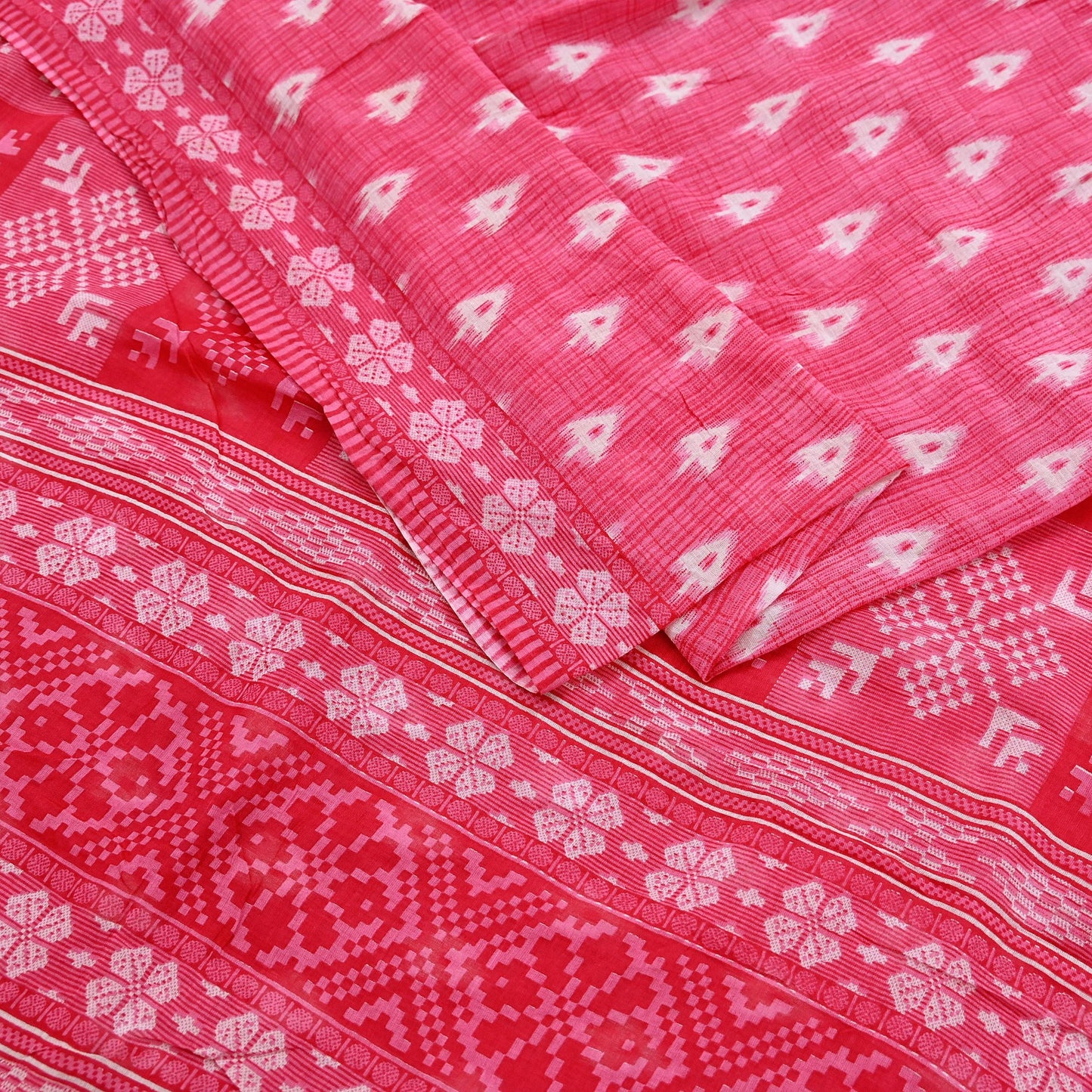 Indian Vintage Sari White & Pink Printed Pure Cotton Saree Craft Fabric 5Yd Soft Sewing Sarong Wrap Boho Floral Dress making Crafting