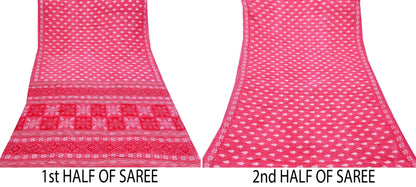 Indian Vintage Sari White & Pink Printed Pure Cotton Saree Craft Fabric 5Yd Soft Sewing Sarong Wrap Boho Floral Dress making Crafting