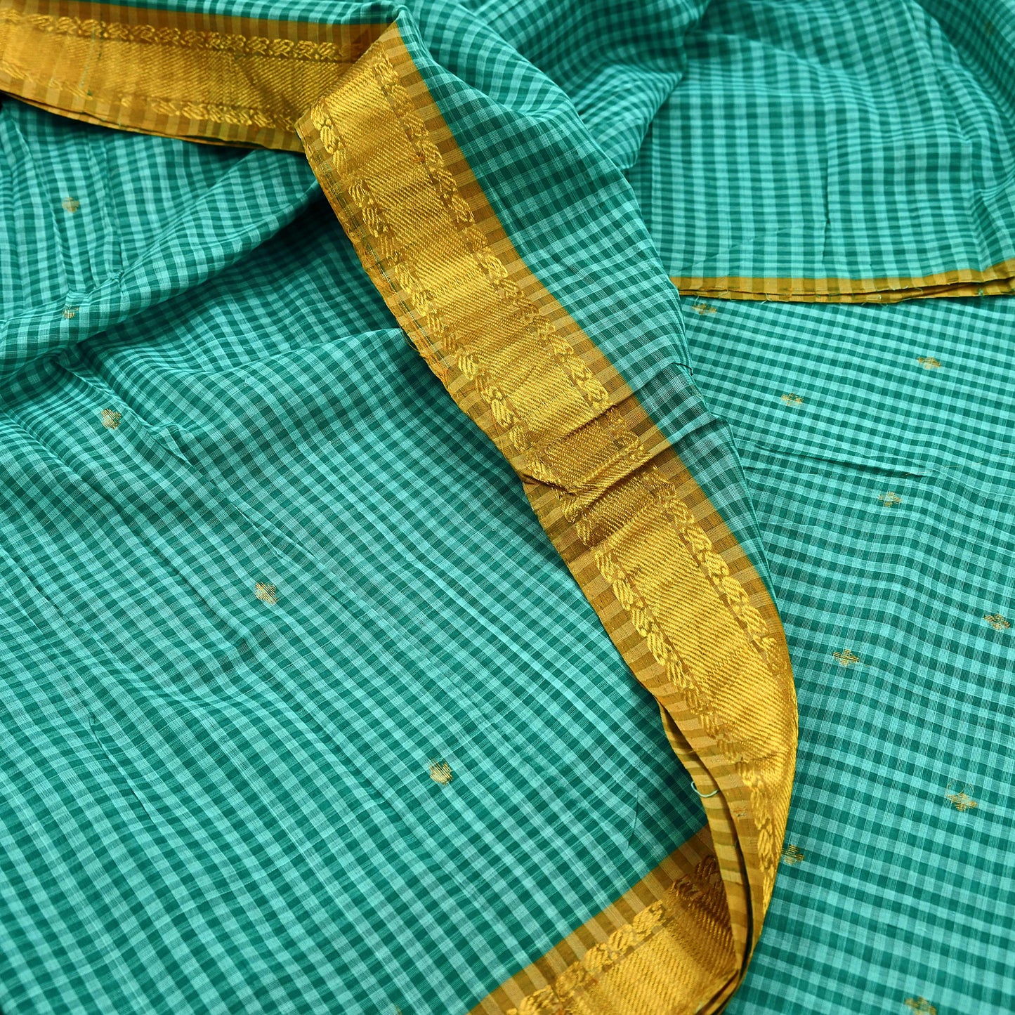 Vintage Sari Green Pure Cotton Hand Woven Sarees Craft Fabric Zari 5Yd Sewing Soft Crafting Dress making Upcycle Quilting Zigzag