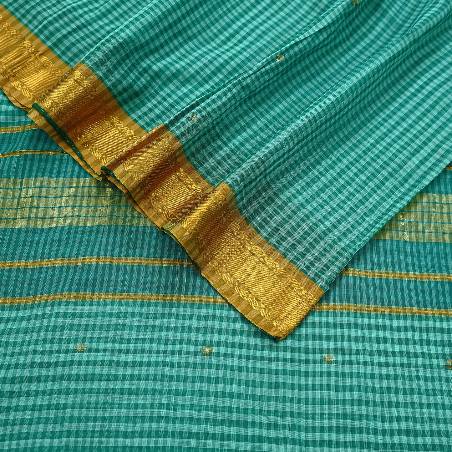 Vintage Sari Green Pure Cotton Hand Woven Sarees Craft Fabric Zari 5Yd Sewing Soft Crafting Dress making Upcycle Quilting Zigzag